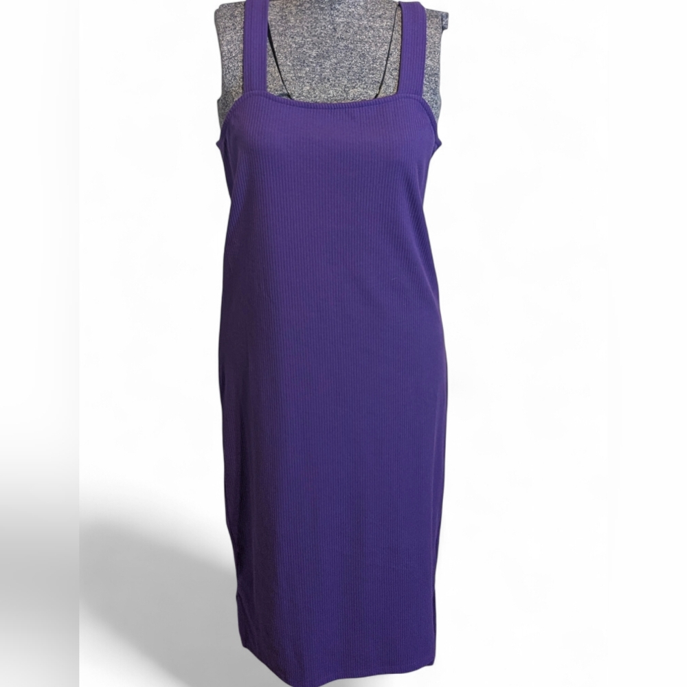 ✨ The Drop Amelia Ribbed Midi Dress  Royal Purple Square Neck Slit L ✨ - Picture 2 of 8